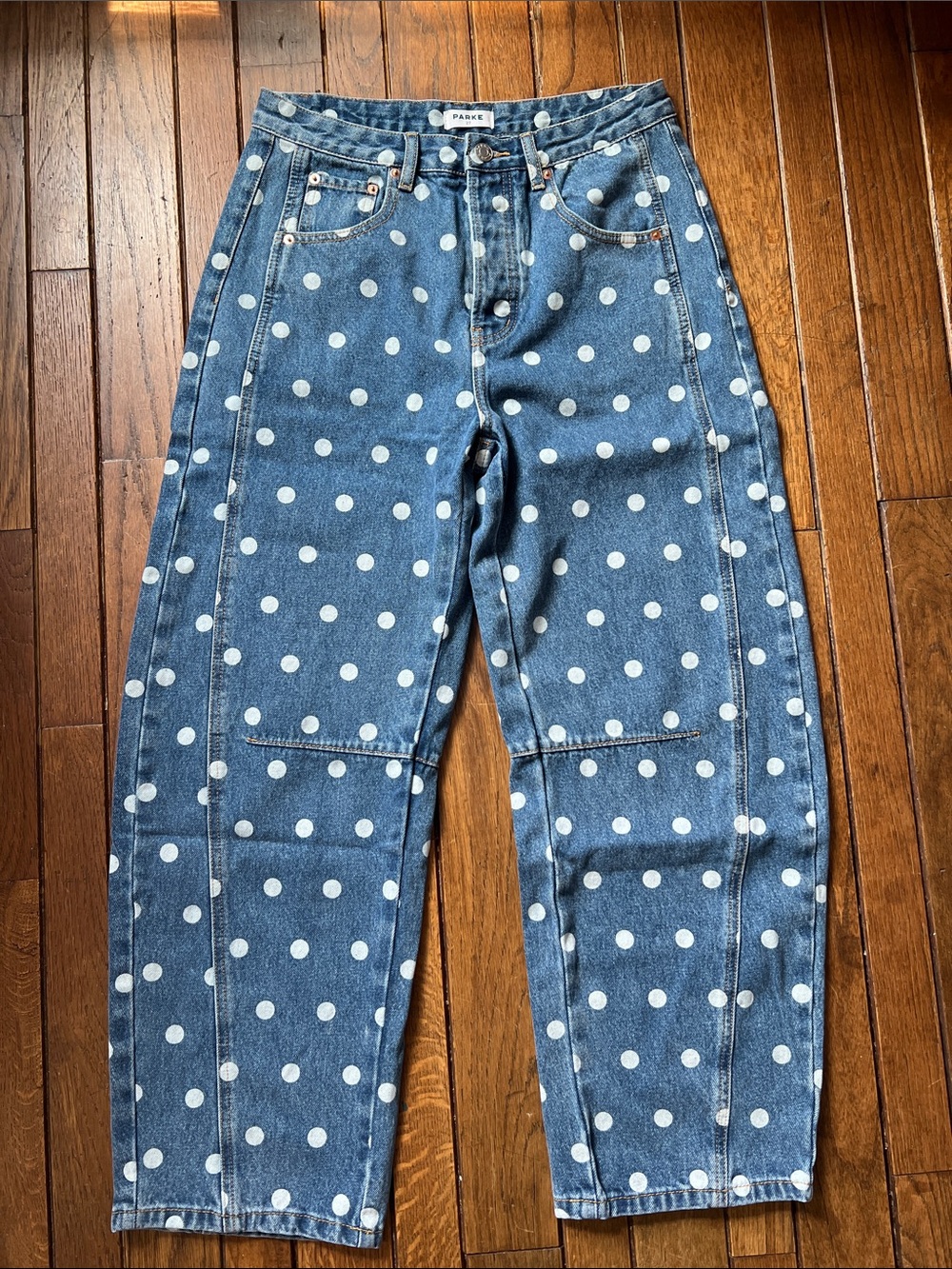 PARKE Denim White Polka Dot Horseshoe Jeans Size 27 New In Bag NWT - Picture 2 of 6